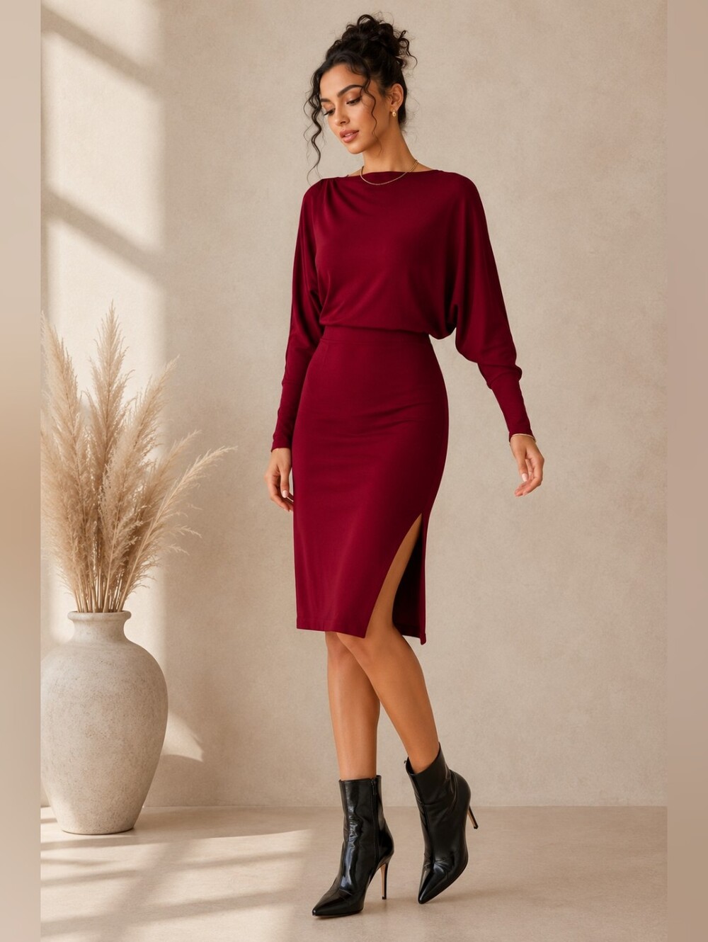 Burgundy Open Back Cutout Midi Dress Batwing Sleeve Side Slit Stretch